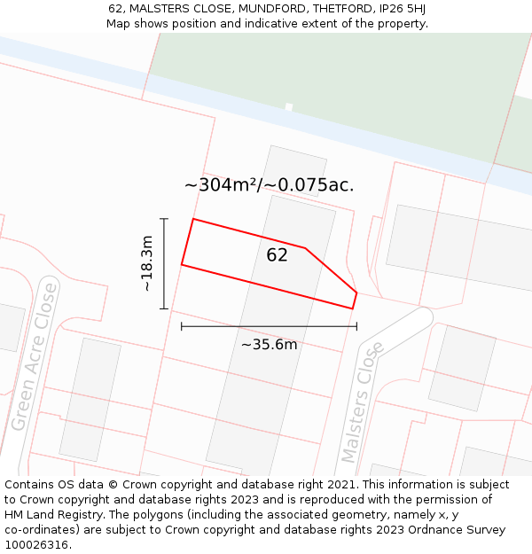 62, MALSTERS CLOSE, MUNDFORD, THETFORD, IP26 5HJ: Plot and title map