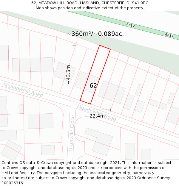 62, MEADOW HILL ROAD, HASLAND, CHESTERFIELD, S41 0BG: Plot and title map