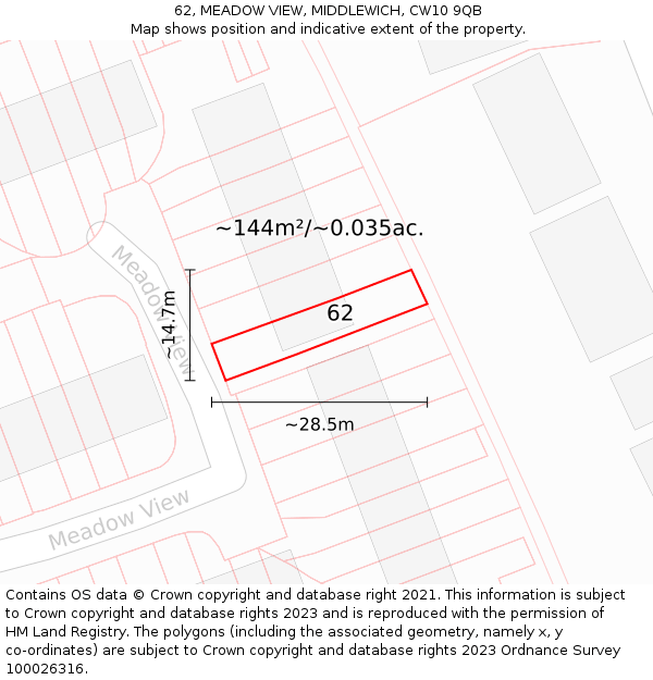 62, MEADOW VIEW, MIDDLEWICH, CW10 9QB: Plot and title map