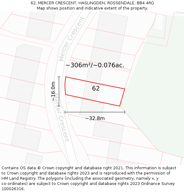 62, MERCER CRESCENT, HASLINGDEN, ROSSENDALE, BB4 4RG: Plot and title map