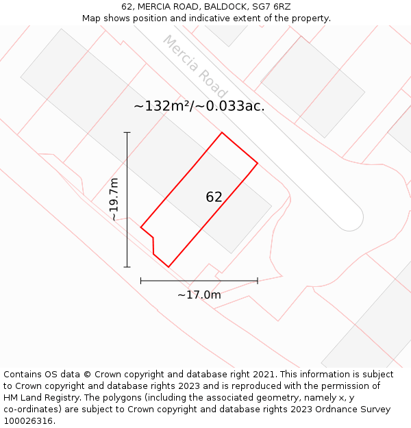 62, MERCIA ROAD, BALDOCK, SG7 6RZ: Plot and title map