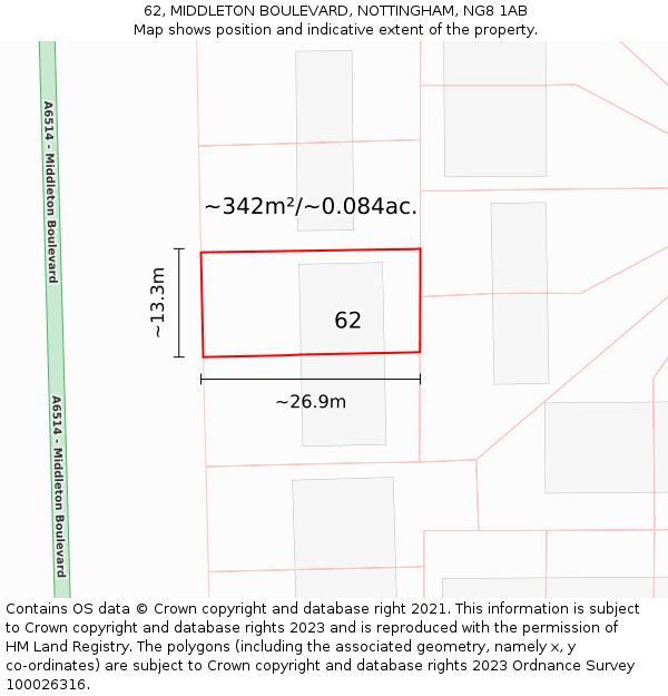 62, MIDDLETON BOULEVARD, NOTTINGHAM, NG8 1AB: Plot and title map