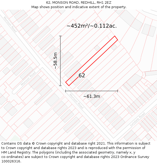 62, MONSON ROAD, REDHILL, RH1 2EZ: Plot and title map