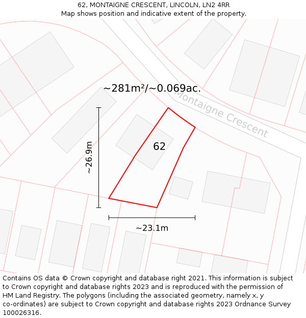 62, MONTAIGNE CRESCENT, LINCOLN, LN2 4RR: Plot and title map