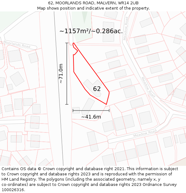 62, MOORLANDS ROAD, MALVERN, WR14 2UB: Plot and title map