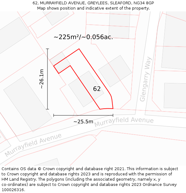 62, MURRAYFIELD AVENUE, GREYLEES, SLEAFORD, NG34 8GP: Plot and title map