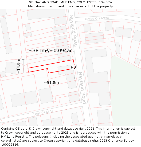 62, NAYLAND ROAD, MILE END, COLCHESTER, CO4 5EW: Plot and title map