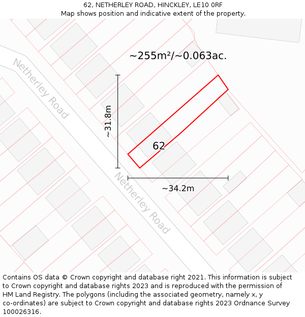 62, NETHERLEY ROAD, HINCKLEY, LE10 0RF: Plot and title map