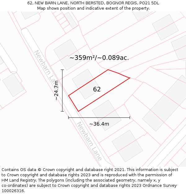 62, NEW BARN LANE, NORTH BERSTED, BOGNOR REGIS, PO21 5DL: Plot and title map