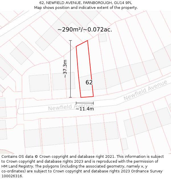 62, NEWFIELD AVENUE, FARNBOROUGH, GU14 9PL: Plot and title map