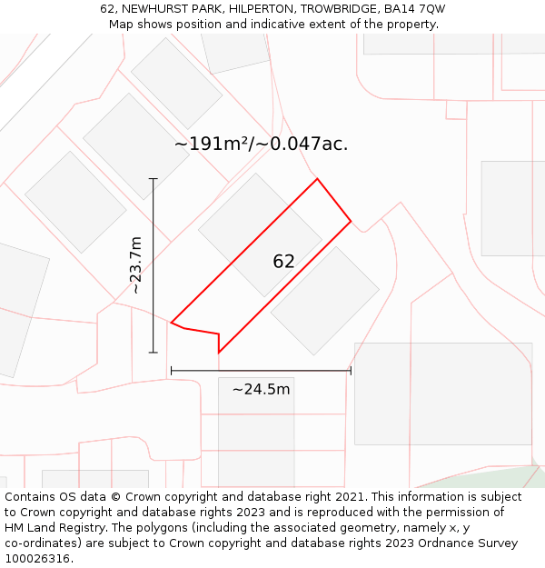 62, NEWHURST PARK, HILPERTON, TROWBRIDGE, BA14 7QW: Plot and title map