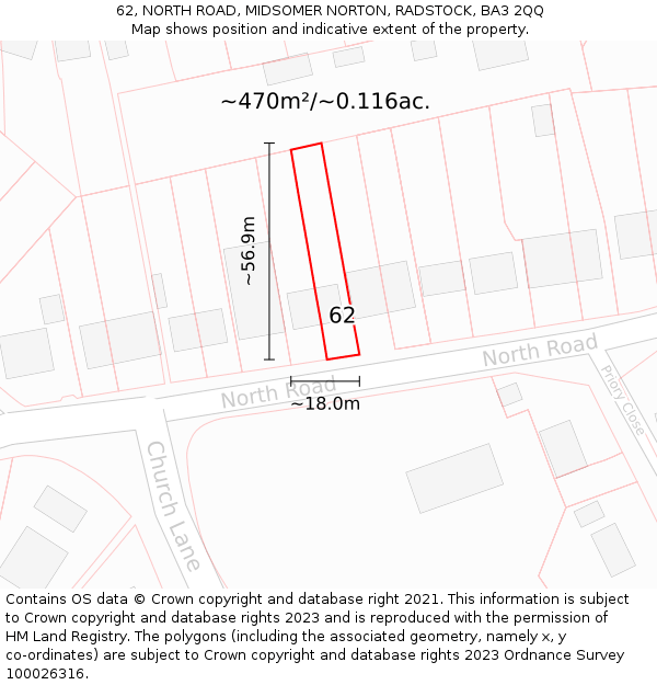 62, NORTH ROAD, MIDSOMER NORTON, RADSTOCK, BA3 2QQ: Plot and title map