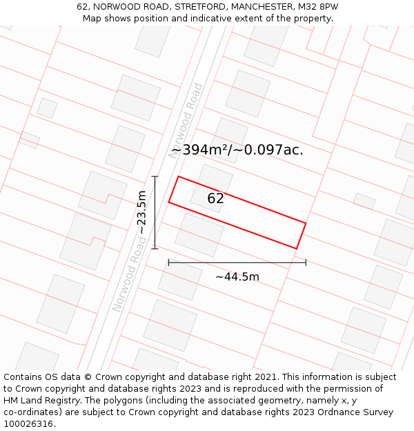 62, NORWOOD ROAD, STRETFORD, MANCHESTER, M32 8PW: Plot and title map