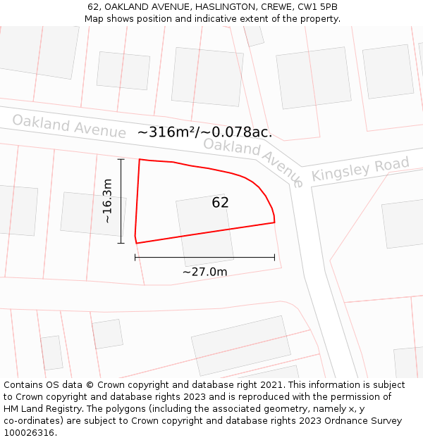 62, OAKLAND AVENUE, HASLINGTON, CREWE, CW1 5PB: Plot and title map