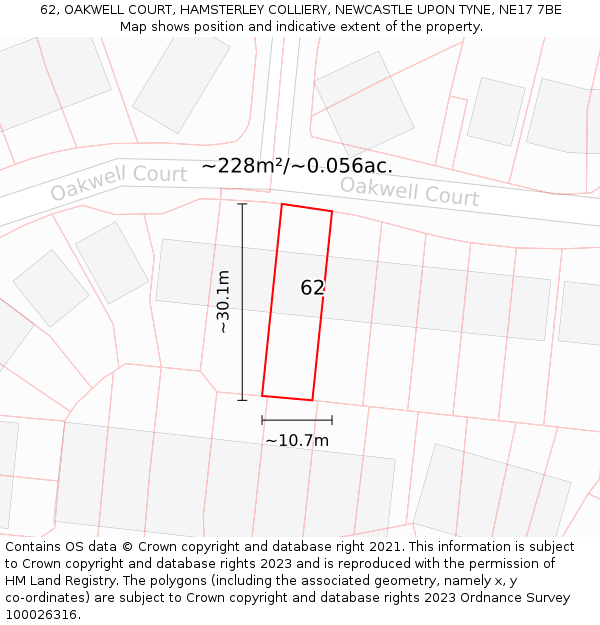 62, OAKWELL COURT, HAMSTERLEY COLLIERY, NEWCASTLE UPON TYNE, NE17 7BE: Plot and title map