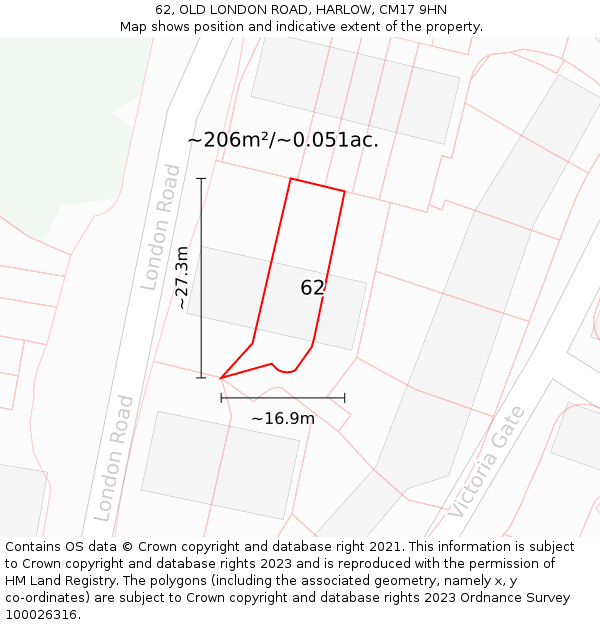 62, OLD LONDON ROAD, HARLOW, CM17 9HN: Plot and title map