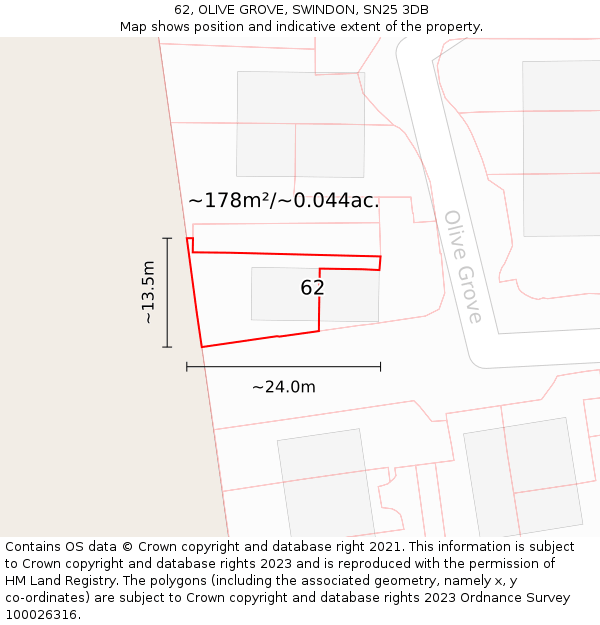 62, OLIVE GROVE, SWINDON, SN25 3DB: Plot and title map