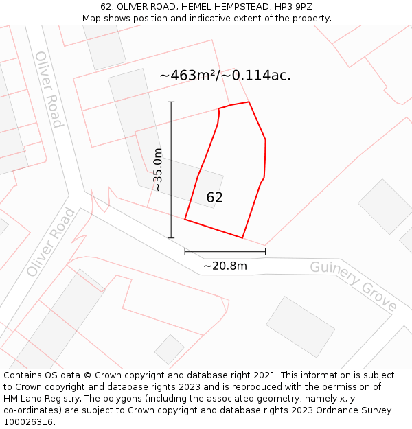 62, OLIVER ROAD, HEMEL HEMPSTEAD, HP3 9PZ: Plot and title map