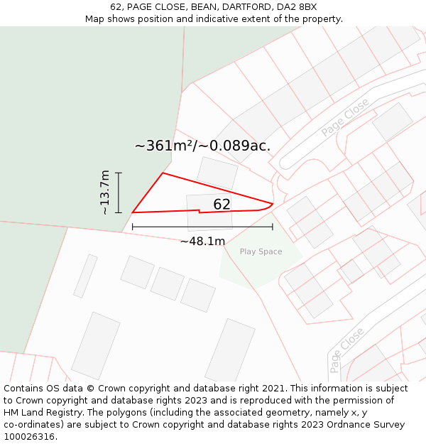 62, PAGE CLOSE, BEAN, DARTFORD, DA2 8BX: Plot and title map