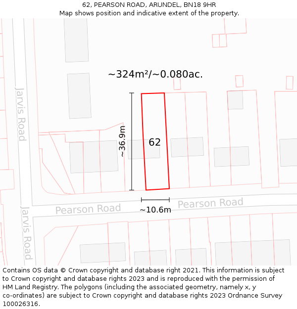 62, PEARSON ROAD, ARUNDEL, BN18 9HR: Plot and title map