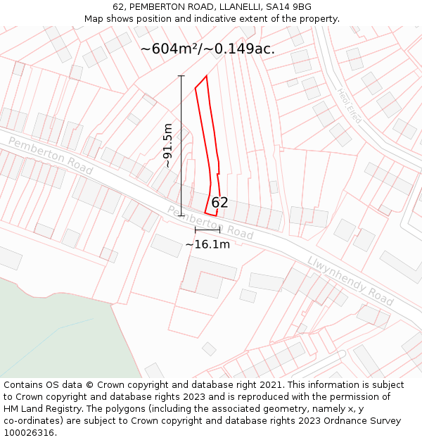 62, PEMBERTON ROAD, LLANELLI, SA14 9BG: Plot and title map