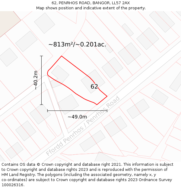 62, PENRHOS ROAD, BANGOR, LL57 2AX: Plot and title map