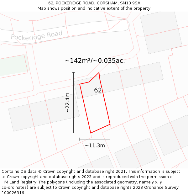 62, POCKERIDGE ROAD, CORSHAM, SN13 9SA: Plot and title map