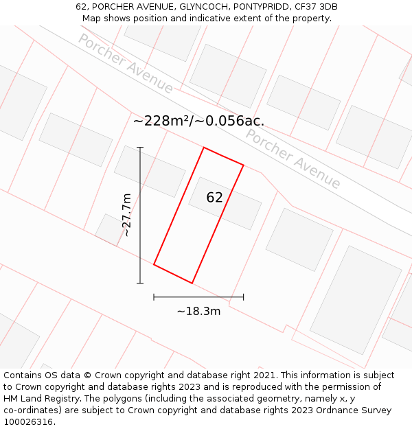 62, PORCHER AVENUE, GLYNCOCH, PONTYPRIDD, CF37 3DB: Plot and title map