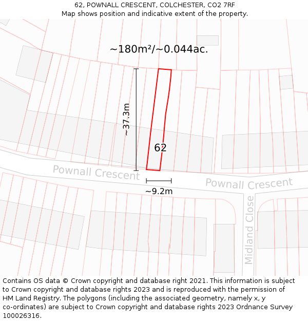 62, POWNALL CRESCENT, COLCHESTER, CO2 7RF: Plot and title map