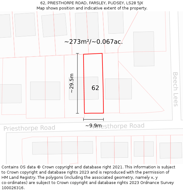 62, PRIESTHORPE ROAD, FARSLEY, PUDSEY, LS28 5JX: Plot and title map