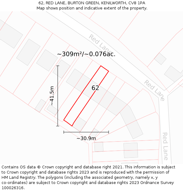 62, RED LANE, BURTON GREEN, KENILWORTH, CV8 1PA: Plot and title map