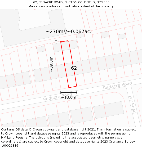 62, REDACRE ROAD, SUTTON COLDFIELD, B73 5EE: Plot and title map