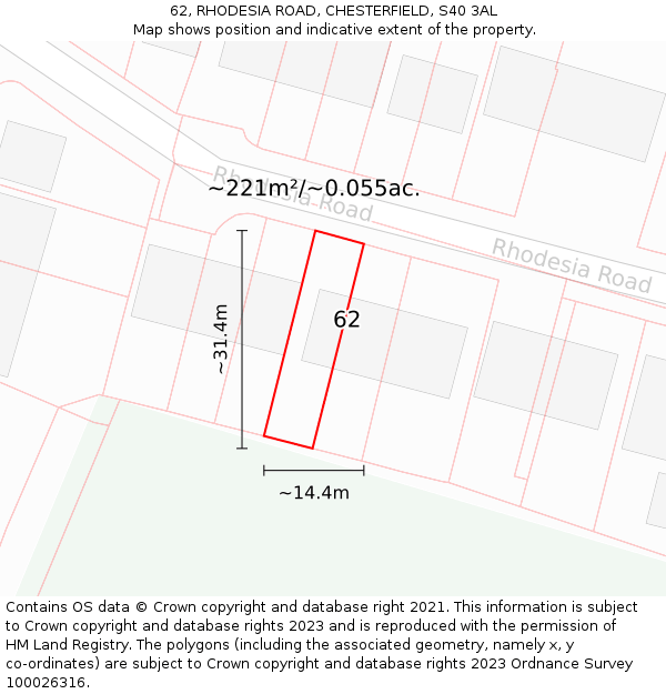 62, RHODESIA ROAD, CHESTERFIELD, S40 3AL: Plot and title map