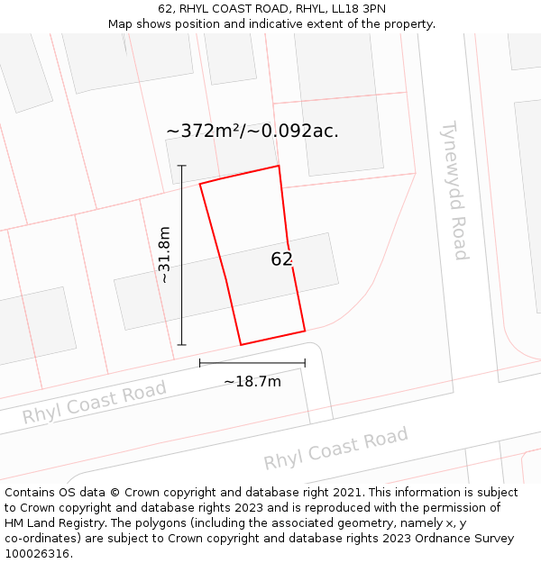 62, RHYL COAST ROAD, RHYL, LL18 3PN: Plot and title map