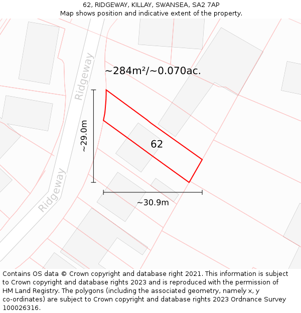 62, RIDGEWAY, KILLAY, SWANSEA, SA2 7AP: Plot and title map