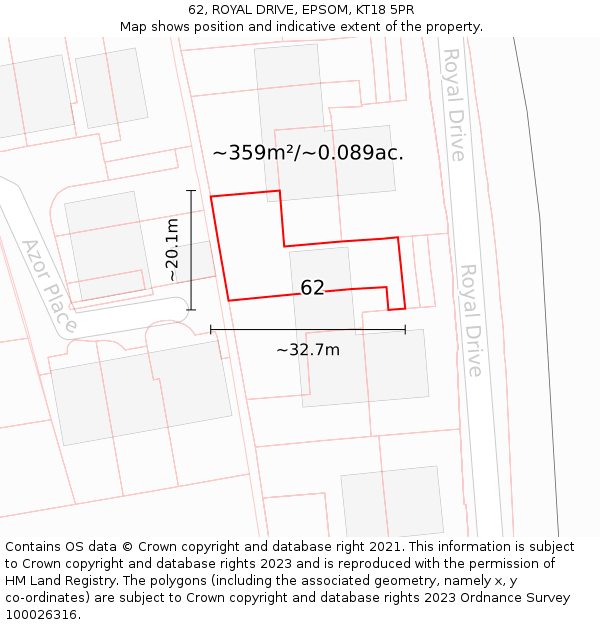 62, ROYAL DRIVE, EPSOM, KT18 5PR: Plot and title map