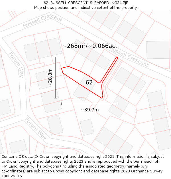 62, RUSSELL CRESCENT, SLEAFORD, NG34 7JF: Plot and title map