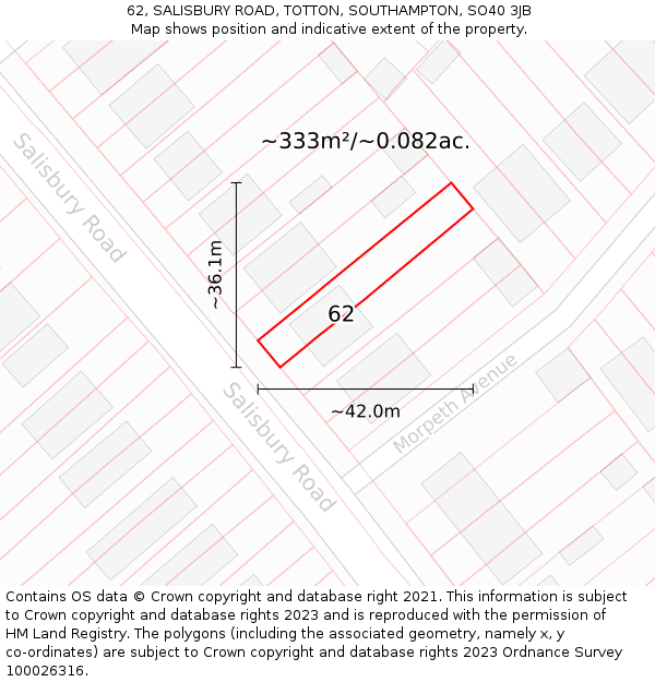 62, SALISBURY ROAD, TOTTON, SOUTHAMPTON, SO40 3JB: Plot and title map