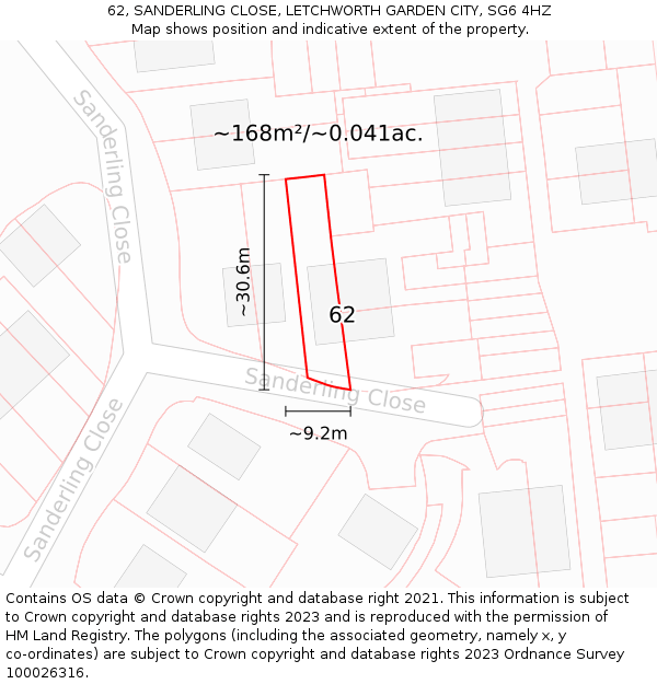 62, SANDERLING CLOSE, LETCHWORTH GARDEN CITY, SG6 4HZ: Plot and title map