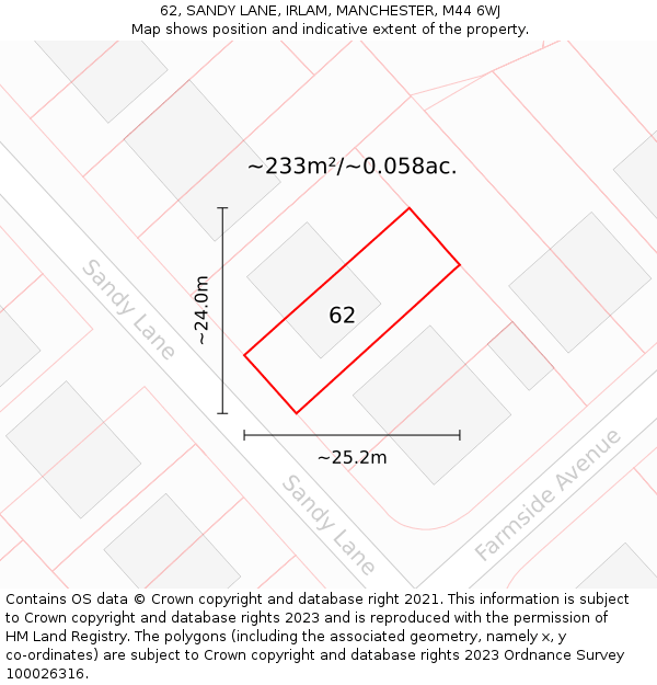 62, SANDY LANE, IRLAM, MANCHESTER, M44 6WJ: Plot and title map