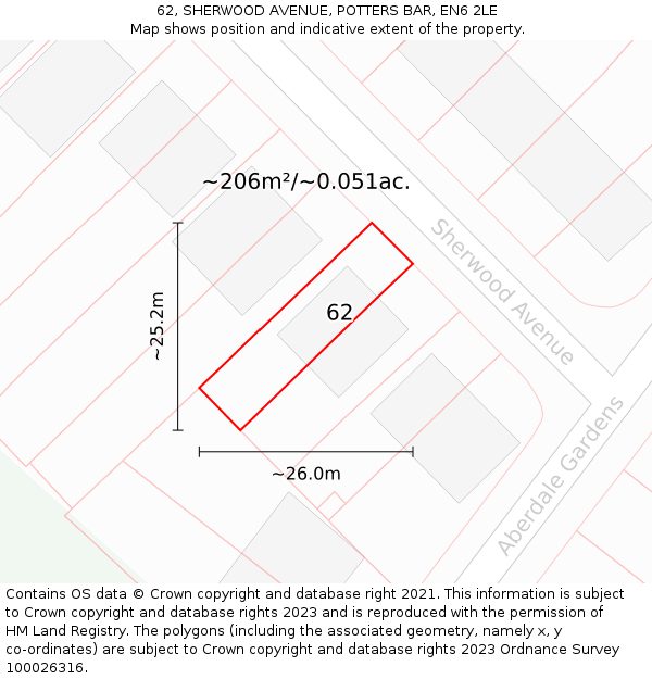 62, SHERWOOD AVENUE, POTTERS BAR, EN6 2LE: Plot and title map