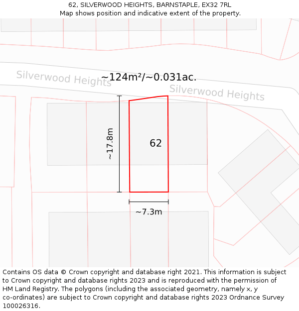 62, SILVERWOOD HEIGHTS, BARNSTAPLE, EX32 7RL: Plot and title map