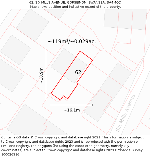 62, SIX MILLS AVENUE, GORSEINON, SWANSEA, SA4 4QD: Plot and title map