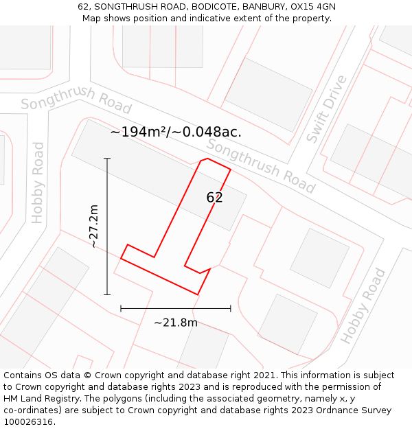 62, SONGTHRUSH ROAD, BODICOTE, BANBURY, OX15 4GN: Plot and title map