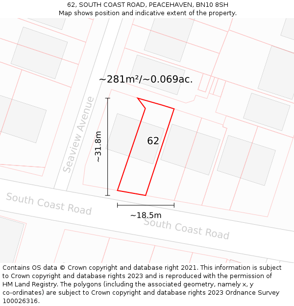 62, SOUTH COAST ROAD, PEACEHAVEN, BN10 8SH: Plot and title map