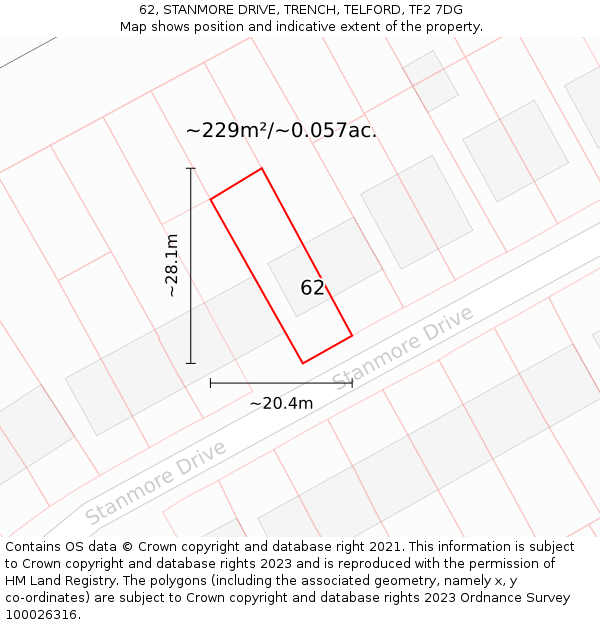 62, STANMORE DRIVE, TRENCH, TELFORD, TF2 7DG: Plot and title map