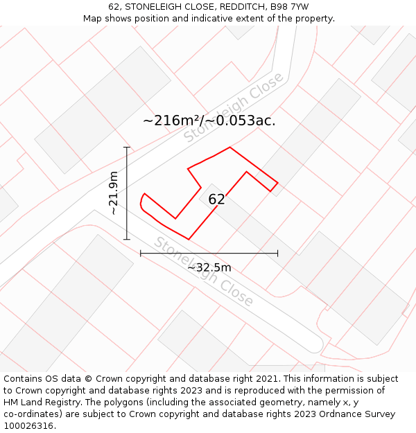 62, STONELEIGH CLOSE, REDDITCH, B98 7YW: Plot and title map