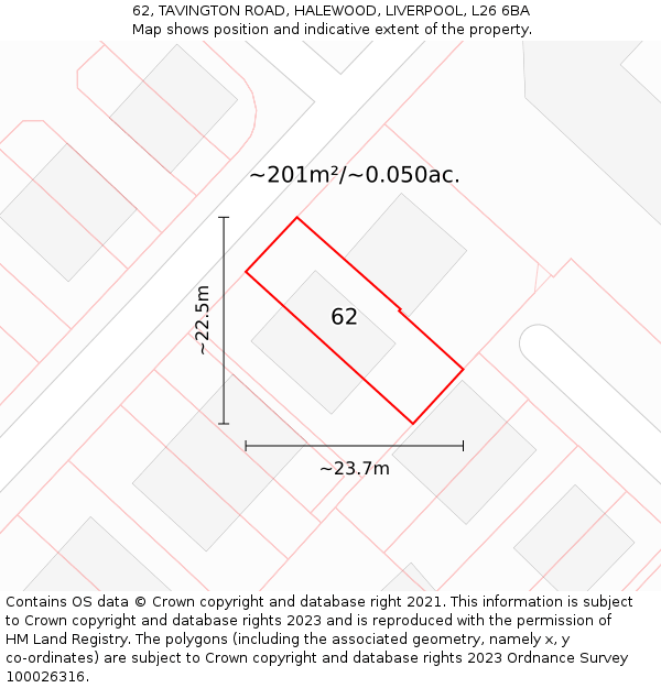 62, TAVINGTON ROAD, HALEWOOD, LIVERPOOL, L26 6BA: Plot and title map