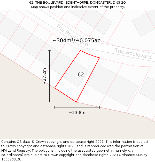 62, THE BOULEVARD, EDENTHORPE, DONCASTER, DN3 2QJ: Plot and title map