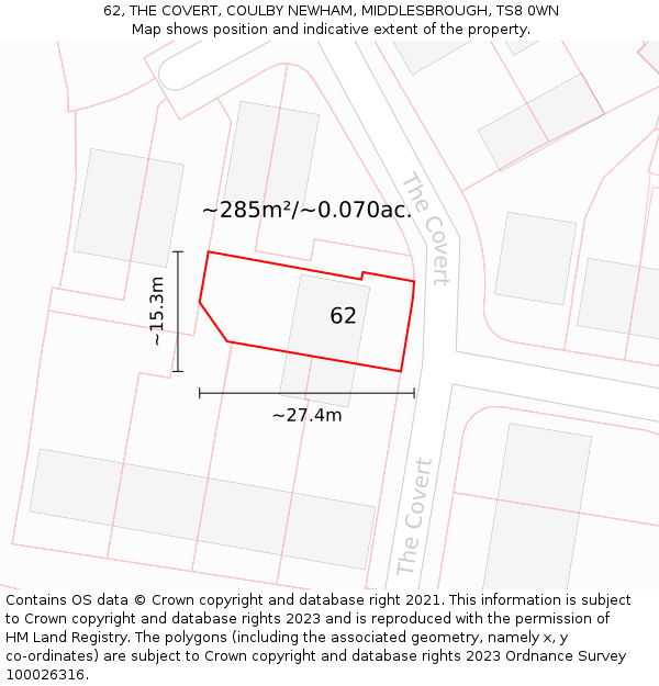 62, THE COVERT, COULBY NEWHAM, MIDDLESBROUGH, TS8 0WN: Plot and title map